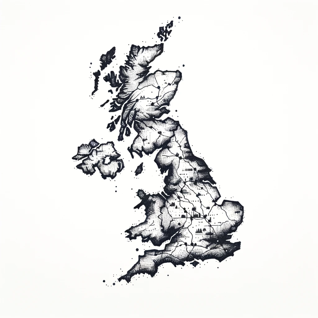 intricate black and white illustration of the UK map, representing Zaffiro Events' extensive reach as a distinguished event company in every corner of the country."